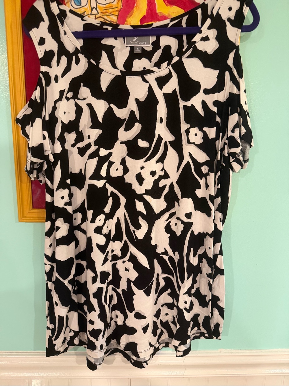 JM Collection Black, White & Grey Floral Cold-Shoulder Top, 2X, $10